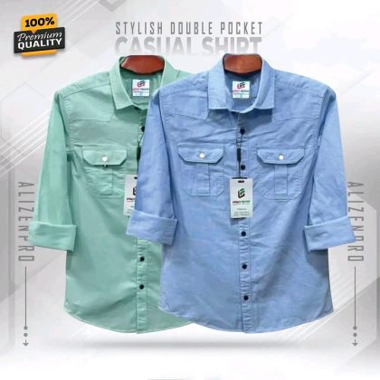 Double Pocket Casual Cotton Shirt Combo2 - Cyan & SkyBlue