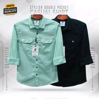 Double Pocket Casual Cotton Shirt Combo2 - Cyan & Black