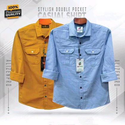 Double Pocket Casual Cotton Shirt Combo2 - Gold & Sky Blue