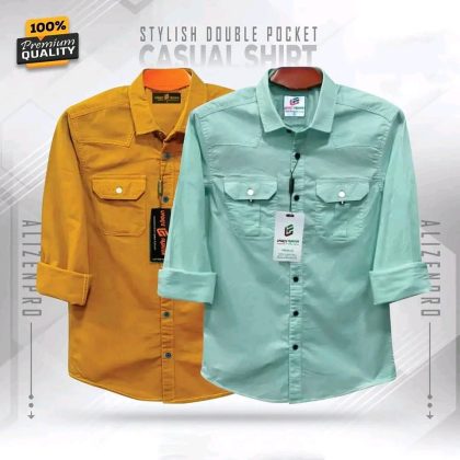 Double Pocket Casual Cotton Shirt Combo2 - Gold & Cyan