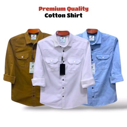 Double Pocket Casual Cotton Shirt Combo3 - White,Brown and Blue