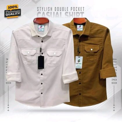 Single Pocket Casual Cotton Shirt 2Pics - White and Brown