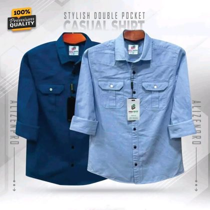Single Pocket Casual Cotton Shirt 2Pics - Dark Blue and Light Blue