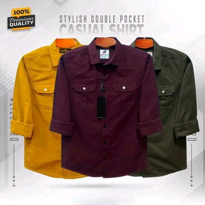 Double Pocket Casual Cotton Shirt Combo3 - Maroone,Gold and Green