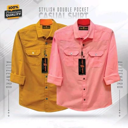 Single Pocket Casual Cotton Shirt 2Pics - Gold and Pink
