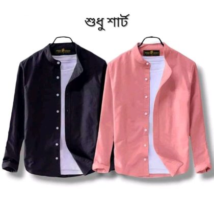 Band Collar Casual Cotton Shirt Combo 2 - Combo-01 Black and Pink