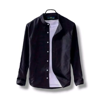Band Collar Casual Cotton Shirt - Black