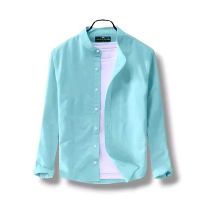 Band Collar Casual Cotton Shirt - Cyan