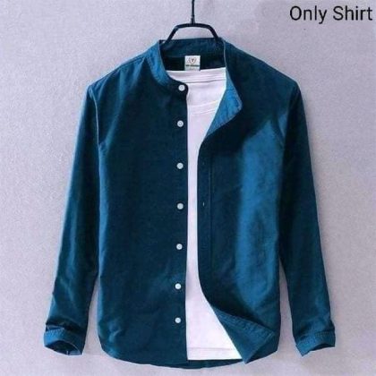 Band Collar Casual Cotton Shirt - Sky Blue