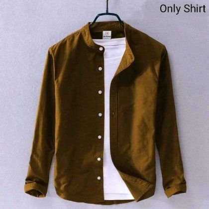 Band Collar Casual Cotton Shirt - Brown