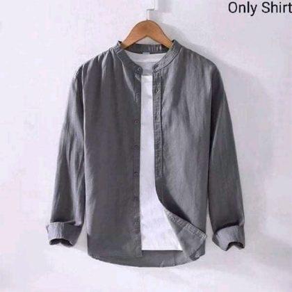 Band Collar Casual Cotton Shirt - Ash