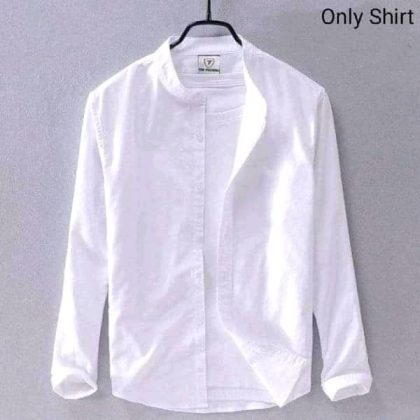 Band Collar Casual Cotton Shirt - White