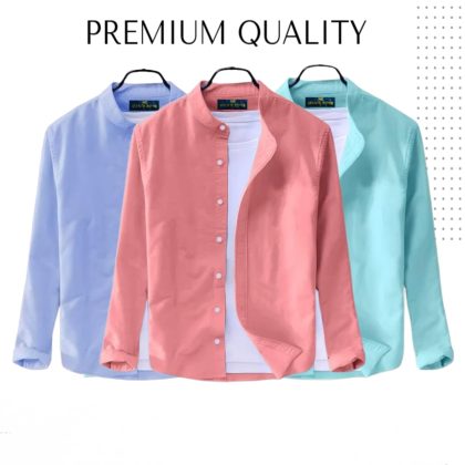 Band Collar Casual Cotton Shirt Combo 3 - Pink,Blue and Cyan