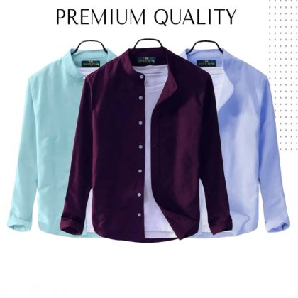Band Collar Casual Cotton Shirt Combo 3 - Red,Cyan and Blue